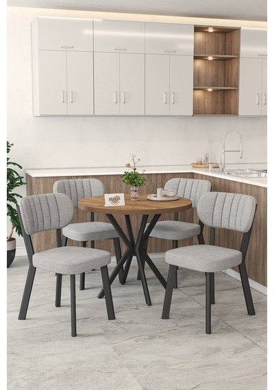 Gnr 90cm Sabit Atlantik Mutfak Masası Takımı, Yemek Masası, 4 Modern Gri Sandalye Gri