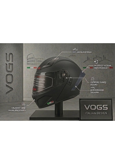 Ws-210 Güneş Vizörlü Çene Açılır Kask Matt Black Şeffaf Vizörlü İtaly Dizany Siyah