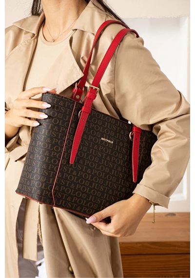 Just Polo Kadın Büyük Boy Lüks El Çantası Ebat : 24 X 27 Cm Shopper Kahverengi - Kırmızı