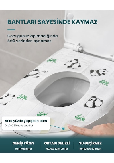 Tek Kullanımlık Çocuk Klozet Örtüsü 12 Adet, Panda Desenli Sıvı Geçirmez Hijyenik Klozet Kapak Örtüsü, Tek Tek Paketli Çok Renkli
