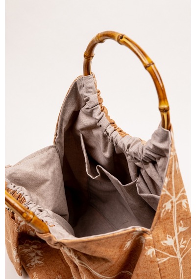 Fabric Craft Bag El Çantası Keten Kumaş Bambu Saplı Çiçek Desen Taba - Kahverengi