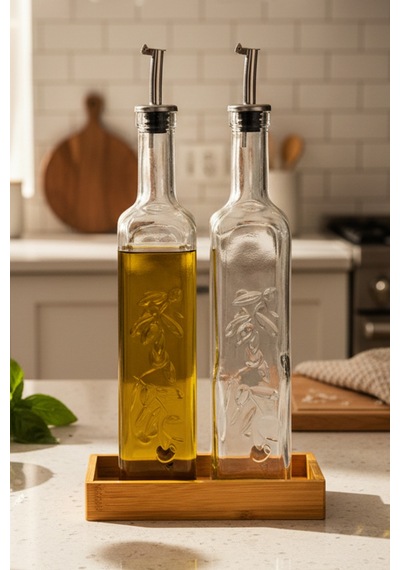 Lara - 2'li Bambu Standlı Cam Zeytinyağı Sıvıyağ Şişesi Yağdanlık Damlatmaz Yağlık Sirkelik 500ml