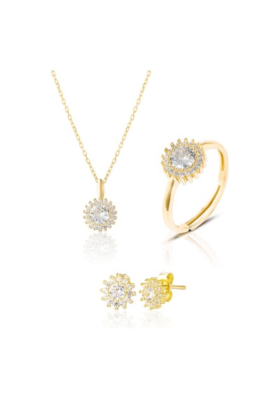 Zanaatsilver 925 Ayar Gümüş 14k Altın Kaplamalı Elmas Montürlü 3'lü Set & Takı