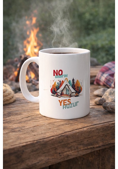 No Bildirim Yes Huzur Kupa Kamp Temalı Porselen Kahve Kupası 330 Ml Beyaz