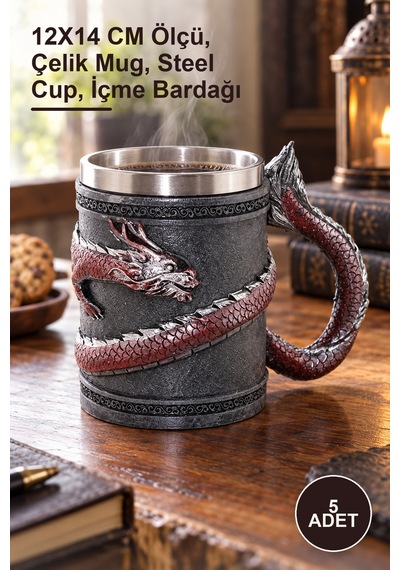 5 Adet Paslanmaz Çelik Kupa Bardak 12x14 Cm Ölçü, Çelik Mug, Steel Cup, İçme Bardağı