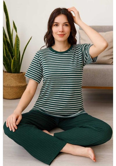 Tenra Kadın Pijama Takımı Kısa Kollu %100 Pamuk Yeşil Çizgili Yeşil