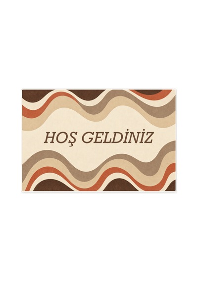 Kartela Halı Hoş Geldiniz Yazılı Retro Dalga Kapı Paspası Bej Kaymaz Kauçuk Taban 40x60 Cm
