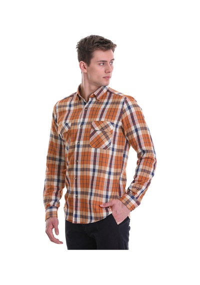 Hatemoğlu Turuncu Slim Fit Kareli 100% Pamuklu Düğmeli Yaka Uzun Kollu Cas Turuncu