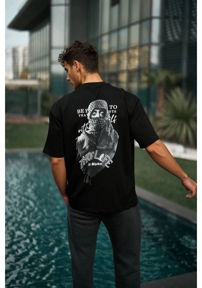 Baskılı Oversize T-shirt - Siyah -Çok Renkli