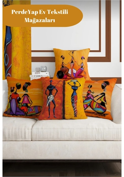 Afrika Etnik Figürlü Modern Tasarım Desenli 4lü Dijital Baskılı Kırlent Kılıfı 43 X 43 Cm 014 Kırmızı
