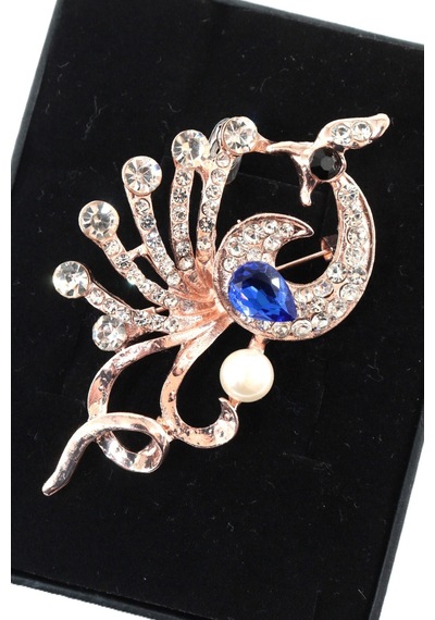 Yeniden Doğuşun Hikayesi Anka Kuşu Broş Gold Renk Safir Mavi Zirkon Taşlı İncili Kadın Yaka İğnesi Çok renkli