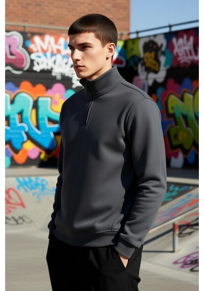 Benerly Erkek Dik Yaka Fermuarlı Standart Kol Regular Kalıp Sweatshirt Fo Antrasit