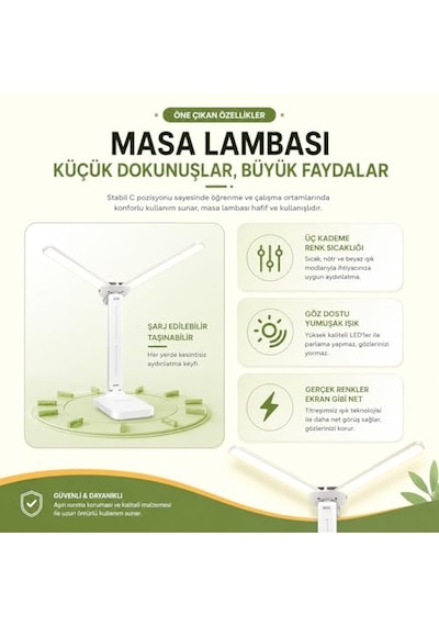 Robeve Şarjlı Led Masa Lambası Çift Işık Barı, 3 Renk Modu, Dokunmatik Kontrollü, Katlanabilir Ve Telefon St Çok Renkli