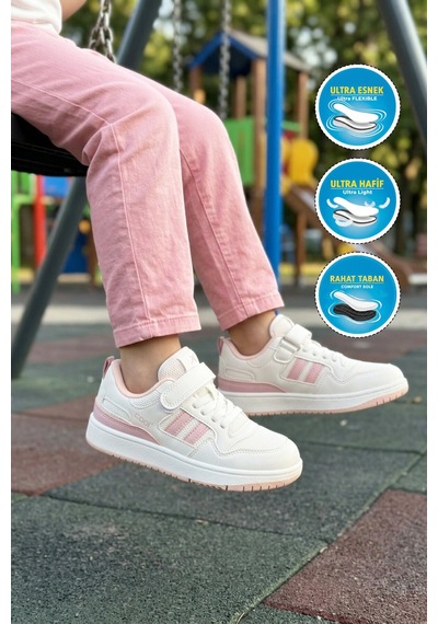 Cool Beyaz Pudra Fileli Hafif Cırtlı Kız Çocuk Spor Ayakkabı Stella F Beyaz - Pudra