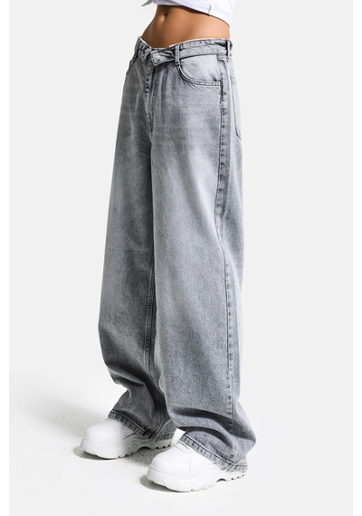 Itsbasic Kadın Gri 4s6-12 Straight Fit Kemer Detaylı Özel Tasarım Denim Jean