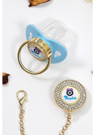 Erkek Bebek Mavi İthal Lüks Kristal Swarovski Taşlı Emzik Zincirli Askı Hediye Seti Stl6643