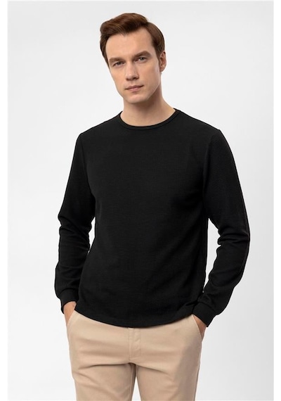 Süvari Siyah Slim Armürlü Bisiklet Yaka Sweatshirt Siyah