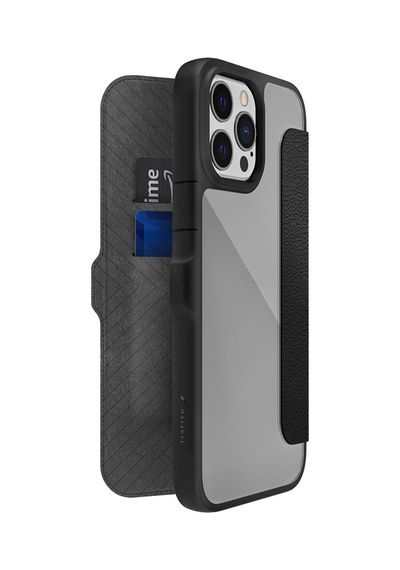 Apple Uyumlu iPhone 13 Pro Max Kılıf Vegan Deri Tasarımlı Şeffaf Kartlıklı Raptic Urban Folio Serisi Kapak Siyah