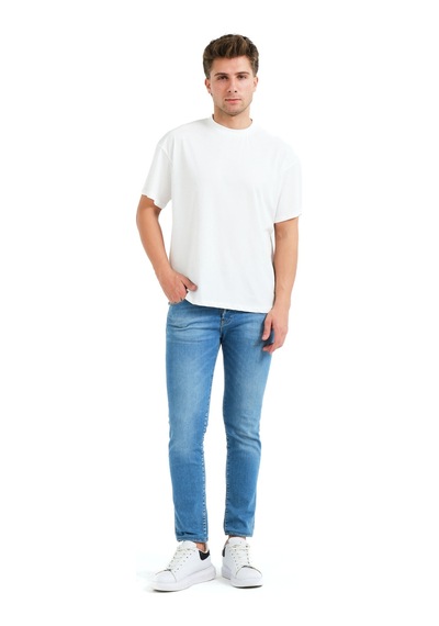 Justever 100% Pamuk Oversize Fit Bisiklet Yaka Ekru Erkek T-shirt - Alpha Ekru