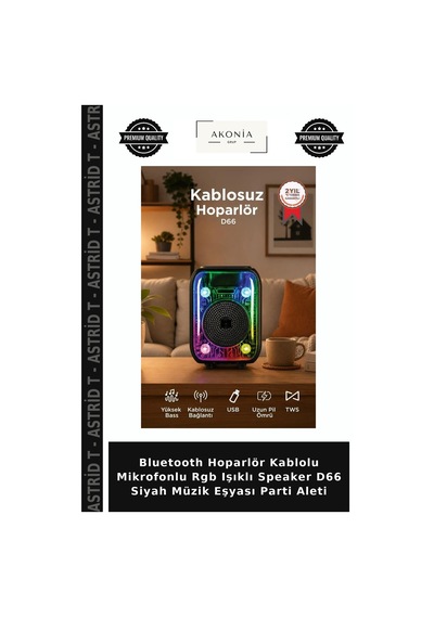 Bluetooth Hoparlör Kablolu Mikrofonlu Rgb Işıklı Speaker D66 Siyah Müzik Eşyası Parti Aleti