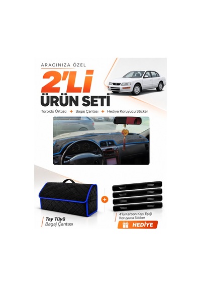 Nissan Maxima A32 1994-1999 Uyumlu Torpido Örtüsü + Tay Tüyü Bagaj Çantası + Sticker - Siyah Mavi