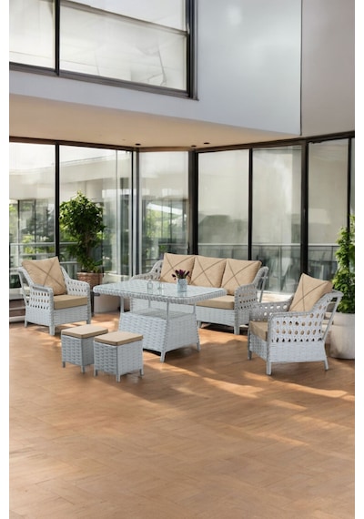 Canisa Akasya Serisi 1. Sınıf 3+1+1+2 Puf Beyaz Rattan Cappucıno Minder Bahçe Balkon Oturma Koltuk Takımı Canisa Akasya Serisi 1. Sınıf 3+1+1+2 Puf Beyaz Rattan Cappucıno Minder Bahçe Balkon Oturma Koltuk Takımı