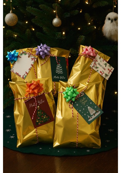 Gold Paketleme Seti Fiyonklu Kartlı 15x25 Hediye Poşeti - Yılbaşı Hediye Poşeti