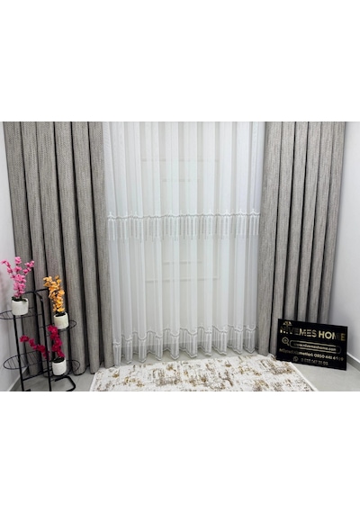 Nivemeshome 2571 V -105 Reina Gümüş 1/2,5 Pileli Bambu Tül Perde Gümüş