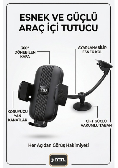 Extra Uzun Güçlü Esnek Kollu Dayanıklı Araç İçi Telefon Tutucu Otomatik Kilitli Güçlü Vantuz