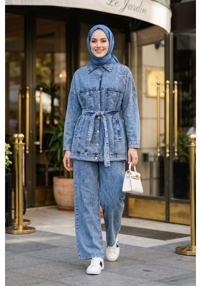 Hb Harma Time Butik Kadın Kuşaklı Taş İşlemeli Kot Mavi Tunik Pantolon İkili Takım Mavi Mavi