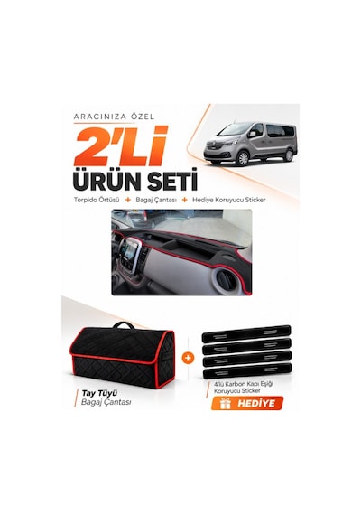 Renault Trafıc Kapaksız 2015-2022 Uyumlu Torpido Örtüsü + Tay Tüyü Çanta Seti - Siyah Kırmızı