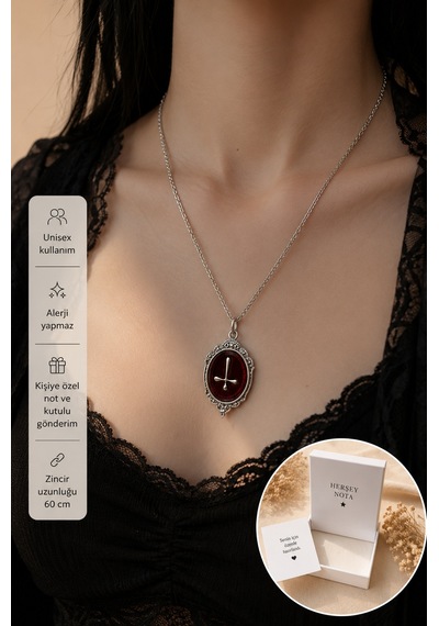 Baphomet Sigili Gotik Kolye Kırmızı Taş Görünümlü Unisex Alternatif Tarz Kolye Çok renkli