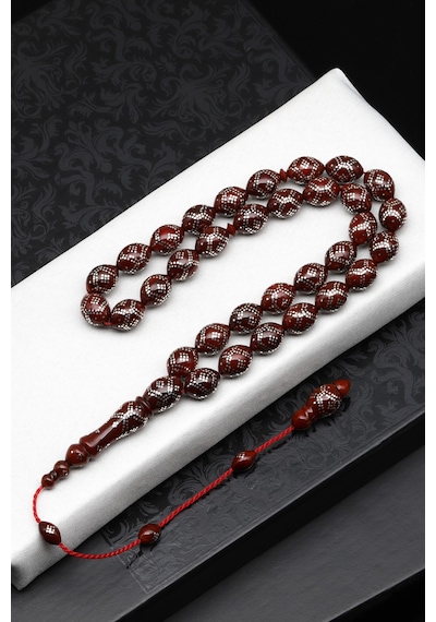 925 Ayar Gümüş İşlemeli Kuka Ağacı Tesbih 9 X 12 Mm Arpa Kesim - T-1872