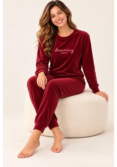 Gd Goldoremi 4082 Kadın Likralı Uzun Kollu Kadife Nefes Alan Kumaş Pijama Takım Bordo