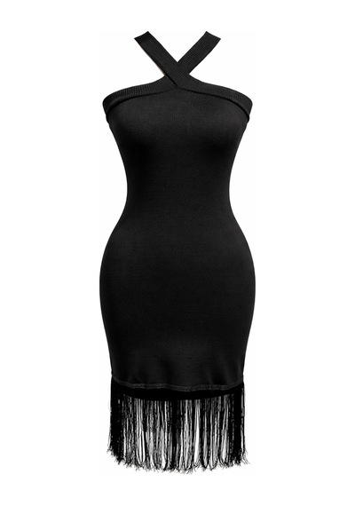 Mixray 2077 Kadın Çapraz Askılı Püskül Detaylı Bodycon Mini Elbise Siyah