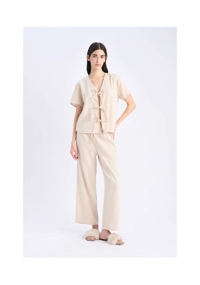 DeFacto Pijama Takımı Keten Kısa Kollu Üst Esnek Belli Alt-Fall in Love E3571AX25SPBG778