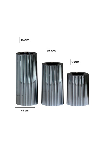 3 Lü Füme Krom Tırtıklı Yüzey Mumluk Dekoratif Tealight Set Mum