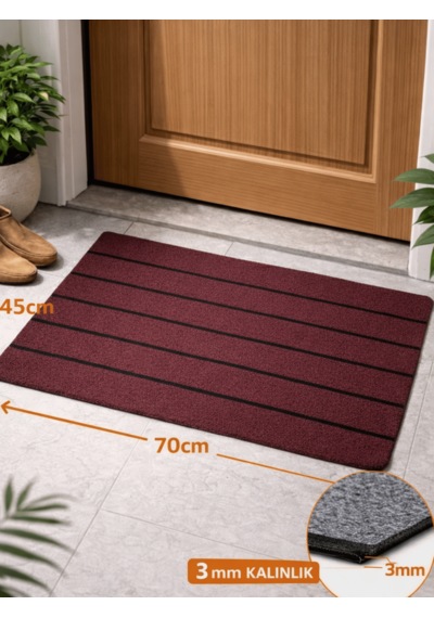 Beylini Şerit Desenli Kapı Önü Paspası Kaymaz Taban Dayanıklı Su Geçirmez Emici Nem Toz Uv Dayanıklı 45x70cm Bordo