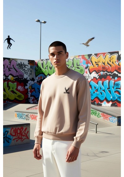 Benerly Erkek Bisiklet Yaka Düşük Kol Uzun Kol Sweatshirt Fonksiyonel Day Bej