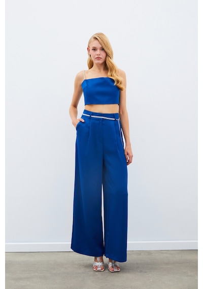 Sateen Taş Kemerli Saten Pantolon - Mavi-134978 Mavi