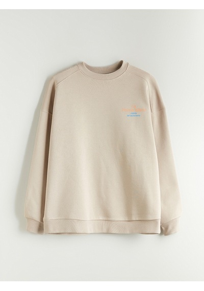 Lcw Vision Bej Baskılı Oversize Kadın Kalın Sweatshirt