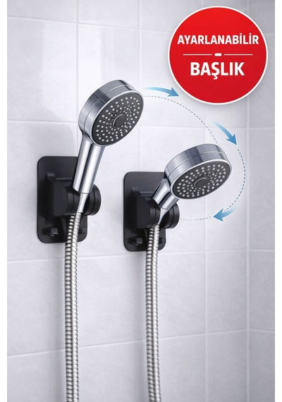 Yapışkanlı Duş Başlığı Tutucu Ayarlı Delmeden Duvara Monte Siyah Duş Askısı Siyah Diğer