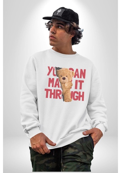 Bunu Alabilirsin Çantadan Çıkan Ayı Unisex Beyaz Baskılı Sweatshirt Beyaz
