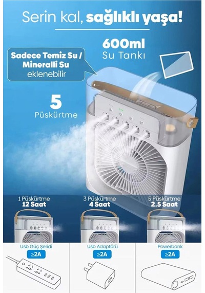 Su Püskürtmeli Şarjlı Usb Hava Serinletici Fan Süper Sessiz Hava Nemlendiricili Masa Fanı