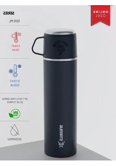 500 Ml Kapasiteli Çelik Termos - Bardaklı Tasarım Açık Beyaz