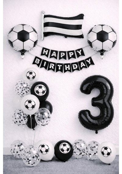 Siyah Beyaz Futbol Temalı 3 Yaş Doğum Günü Balon Seti Beyaz - Siyah