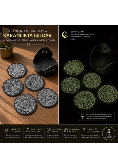 Karanlıkta Işıldayan Mandala Bardak Altlığı Seti 5 Li + Stand Stil 6