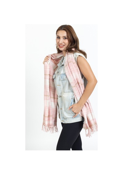 Ladycolor Ekoseli Yünlü Omuz Şalı - 70x200 Cm - Dayanıklı Akrilik Pembe