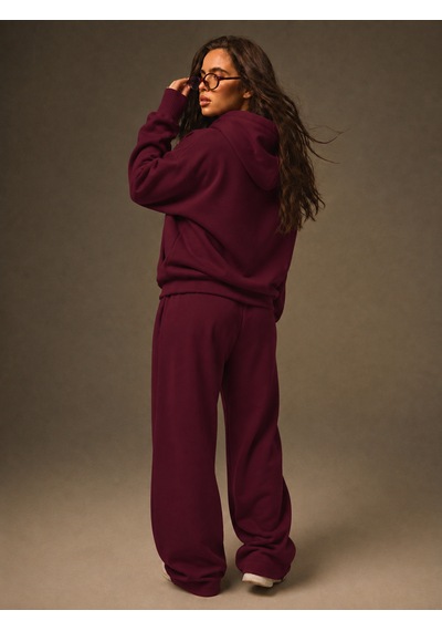 Macklin Unisex Kadın Erkek Baskısız Sweatshirt Oversize 3 İplik Kapüşonlu Hoodie Ve Baggy Eşofman Altı Bordo
