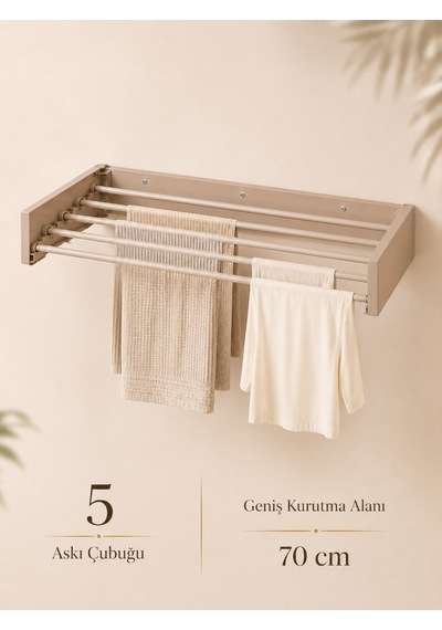Çamaşır Kurutma Askılığı Katlanır Duvara Monte Balkon Banyo Askılık Duvar Tipi Yer Tasarruflu Çamaşırlık 70 Cm Belize Cappucino